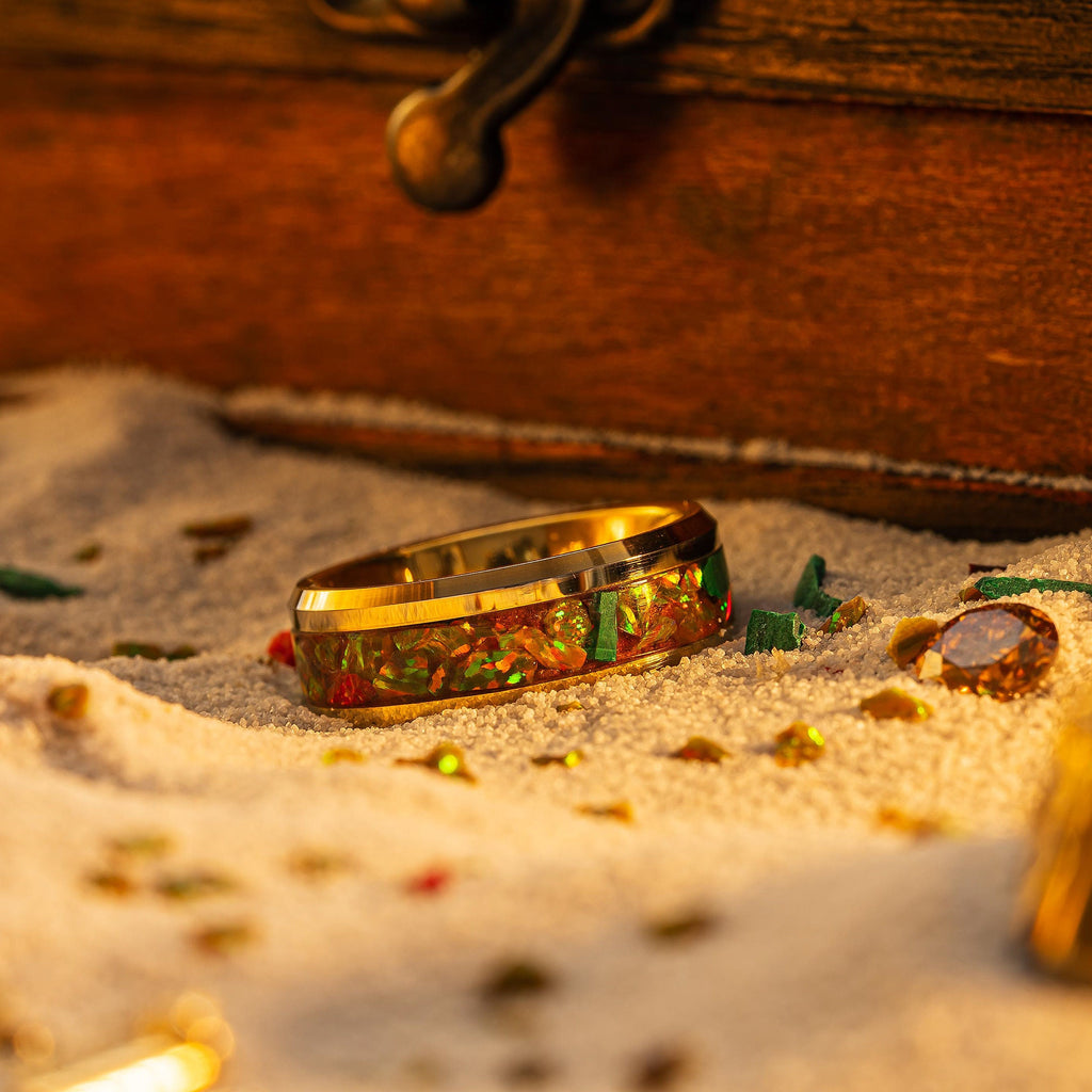 Desert Mirage | Gold Plated Tungsten Band, Opal, Malachite, Glow Powder