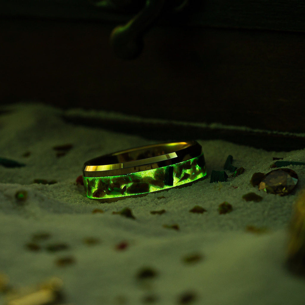 Desert Mirage | Gold Plated Tungsten Band, Opal, Malachite, Glow Powder
